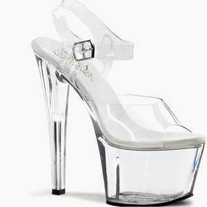 Never worn pleaser clear 7” heels as 8 with box and dust bags